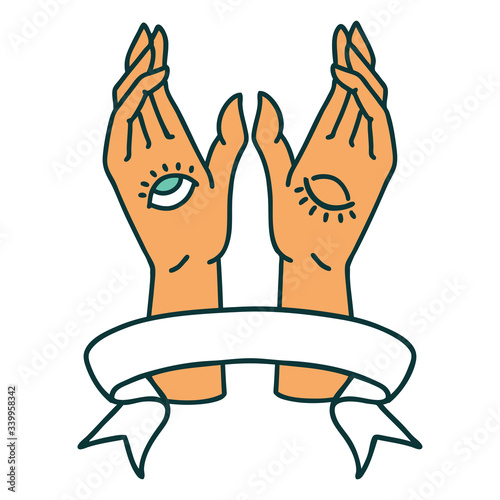 tattoo with banner of mystic hands