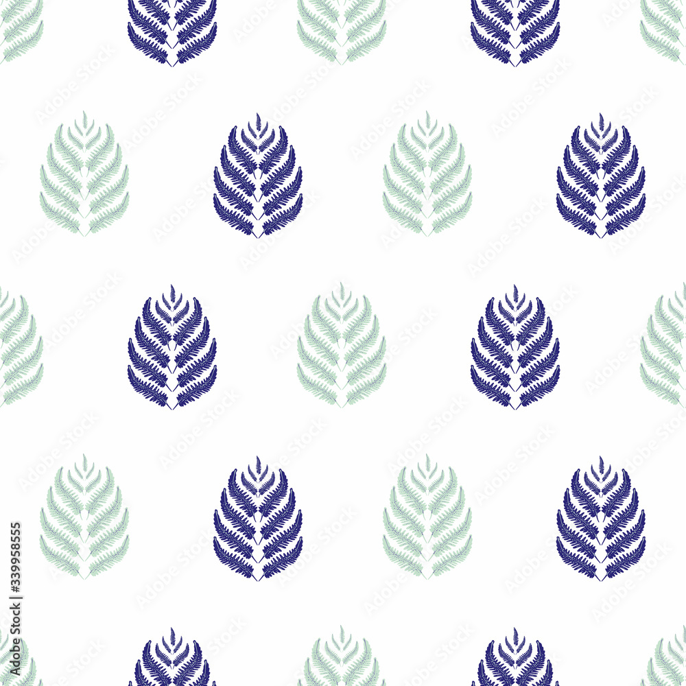 Fern leaves vector seamless pattern background. Minimal forest plant frond blue white backdrop. Hand drawn geometric botanical foliage illustration. All over print for packaging, print, stationery