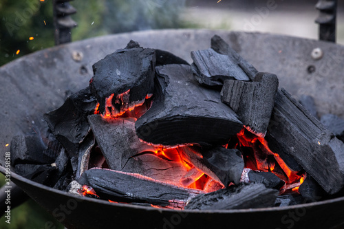 Fire burning in a fireplace. Charcoal and BBQ season.