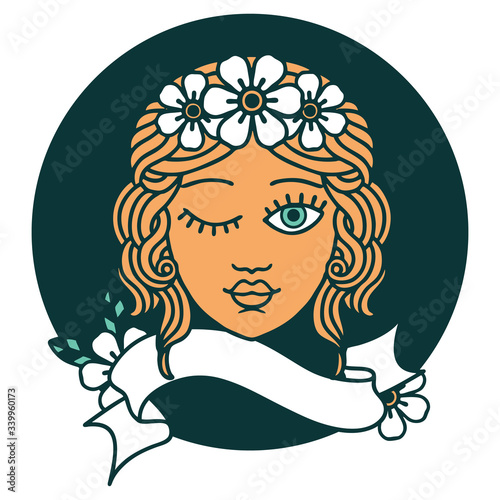 icon with banner of a maidens face winking