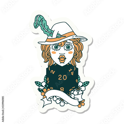 human bard with natural twenty dice roll sticker