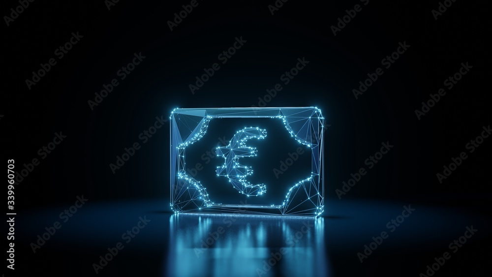 3d rendering wireframe neon glowing symbol of euro on black background with reflection 3d rendering wireframe neon glowing symbol of euro on black background with reflection