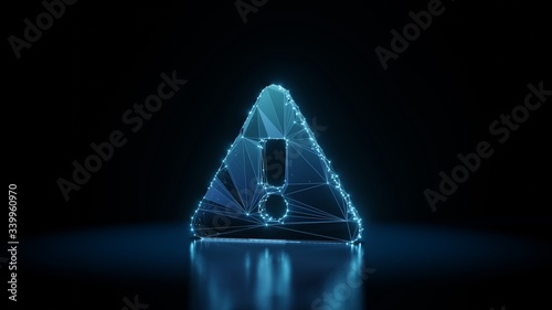 3d rendering wireframe neon glowing symbol of exclamation triangle on black background with reflection photo