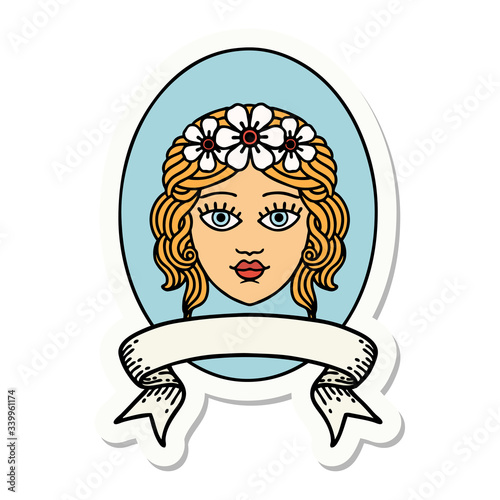 tattoo sticker with banner of a maiden with crown of flowers