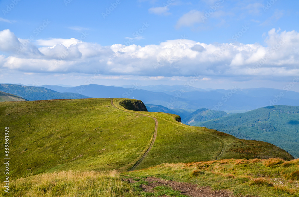 Green fields and mountains, blue sky with clouds. Carpathian mountains in late summer. Hillsides of Svydovets ridge, Carpathians, Ukraine
