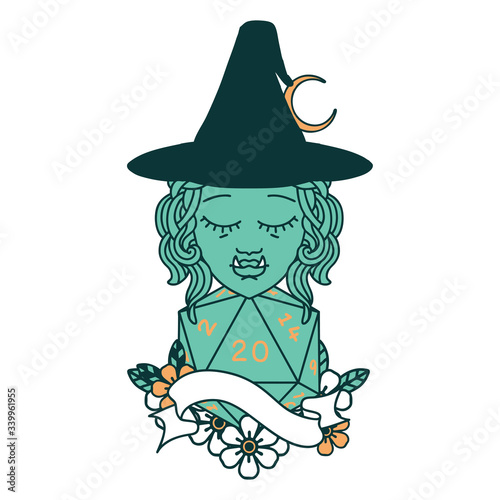 half orc witch character with natural twenty dice roll illustration