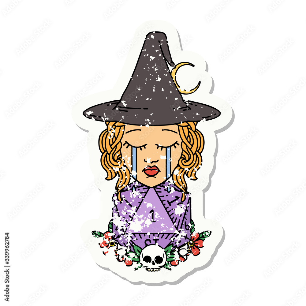 crying human witch with natural one D20 dice roll grunge sticker