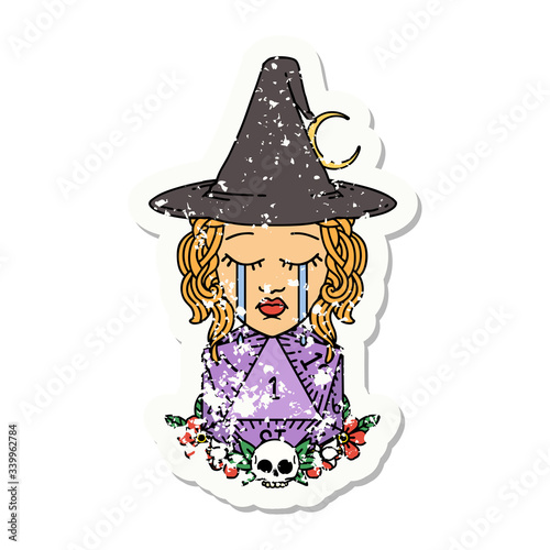 crying human witch with natural one D20 dice roll grunge sticker