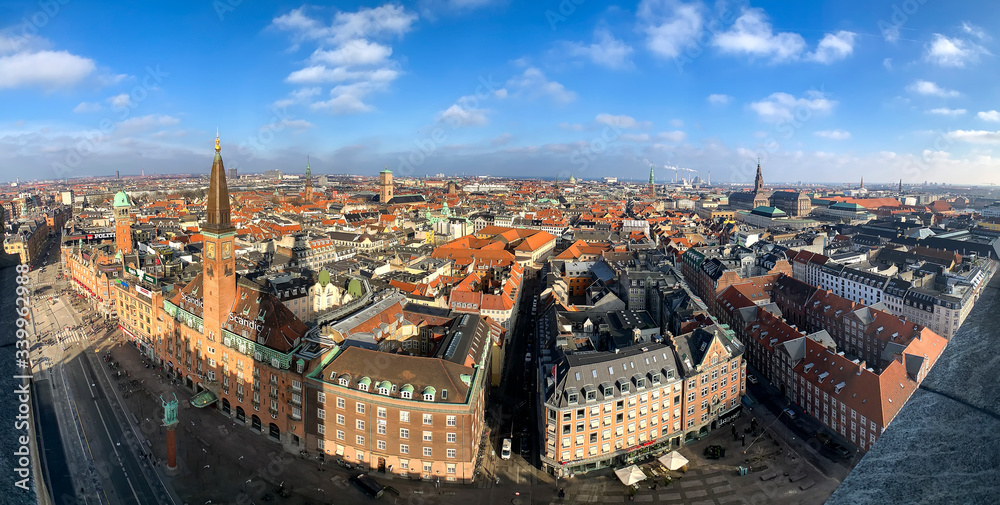 Obraz premium View to St. Pokrovskiy Cathedral Intercession and apartment buildings on Obolon embankment in Kyiv, Ukraine. March 2020