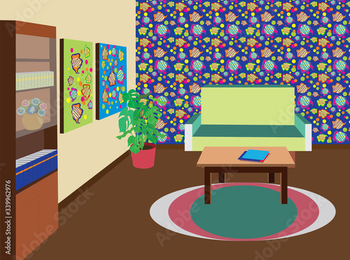 vector projection of the living room with printed wallpaper. The project of the room is a living room, a library, a playroom, and a nursery. Vector concept of a cozy room. Furnished room