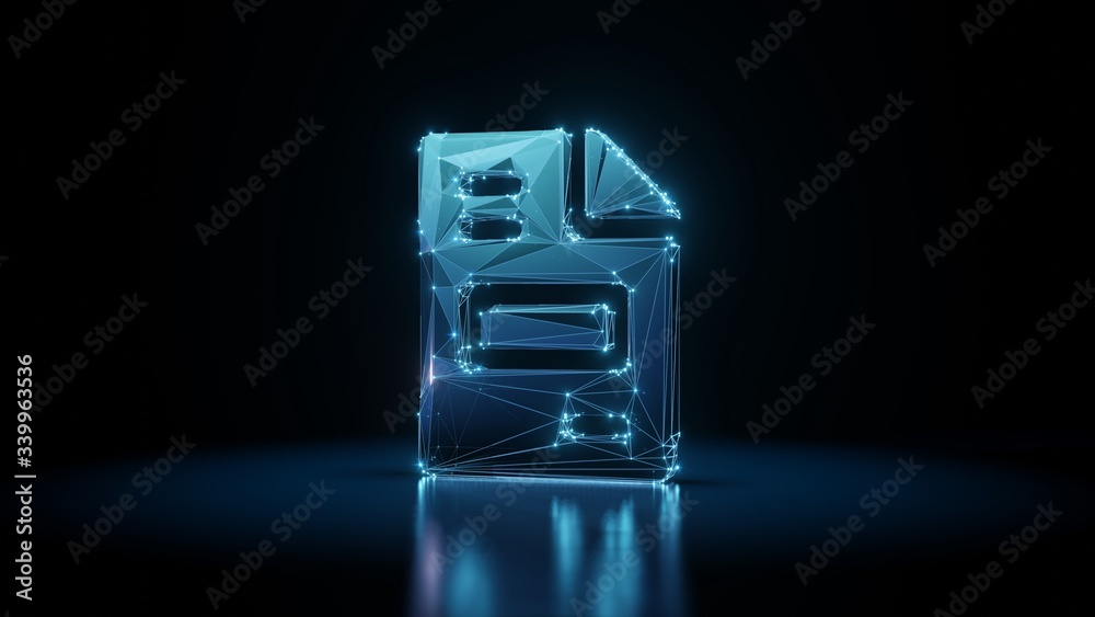 3d rendering wireframe neon glowing symbol of file invoice on black background with reflection 3d rendering wireframe neon glowing symbol of file invoice on black background with reflection