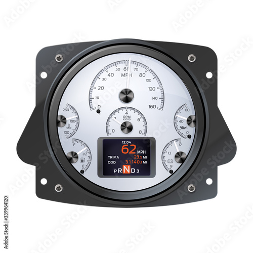 Realistic vector car speedometer interface. Dashboard panel for transport automobile illustration Speedometer. Digital. Customizable Dash Gauge. Black. White. Realistic vector.
