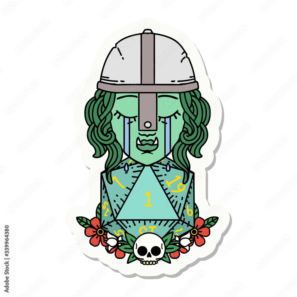 crying orc fighter character with natural one D20 roll sticker crying orc fighter character with natural one D20 roll sticker
