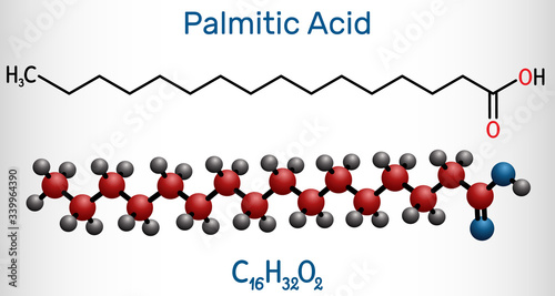 Palmitic acid or hexadecanoic, C16H32O2 molecule. It is saturated fatty acid. Structural chemical formula and molecule model