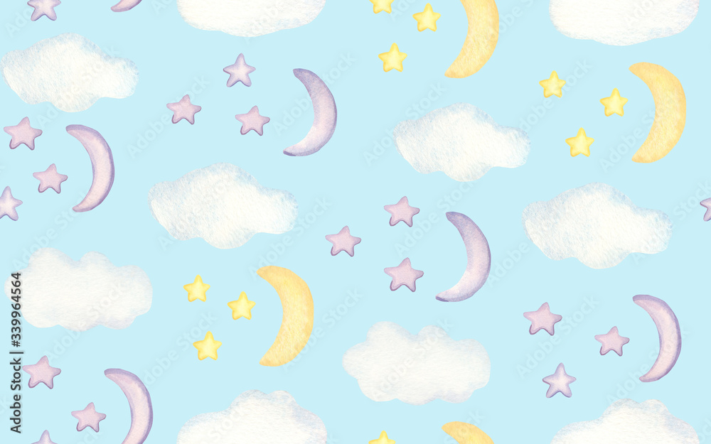 Watercolor hand painted baby seamless pattern with stars, clouds, moon. Watercolor hand painted baby seamless pattern with stars, clouds, moon.