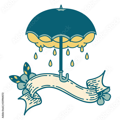 tattoo with banner of an umbrella and storm cloud