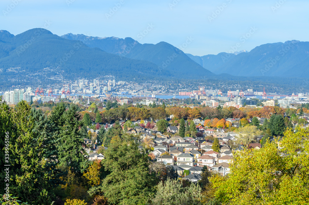 View on Vancouver Downtown and Mountains with Fall Colours. British Columbia. Canada.