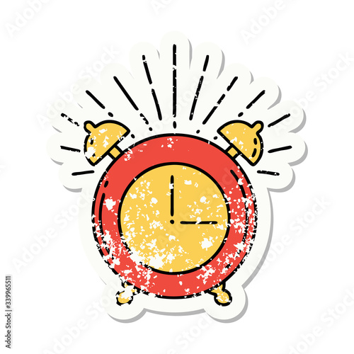 grunge sticker of tattoo style ringing alarm clock