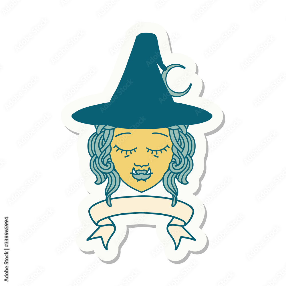 half orc witch character face with banner sticker