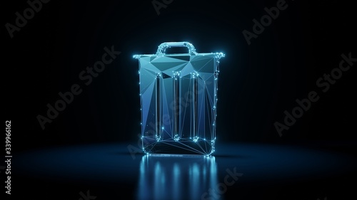 3d rendering wireframe neon glowing symbol of garbage on black background with reflection
