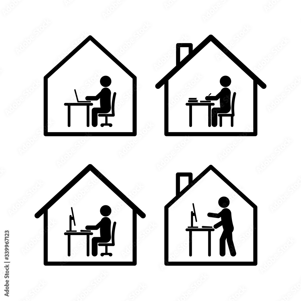 Work at home symbol set in black and white stick figure style in several actions with computers, tables, books and simplified houses 