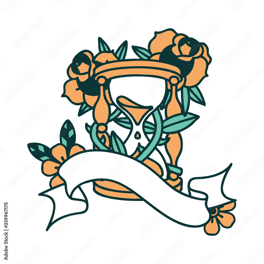 tattoo with banner of an hour glass and flowers tattoo with banner of an hour glass and flowers