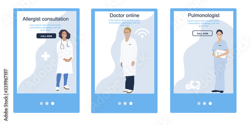 Doctor online, medical health care consultation of pulmonologist, therapist and allergist in mobile phone application vector flat illustrations set.