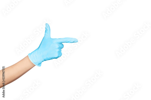 Hand Sign. Hand in a blue disposable latex glove isolated on white.