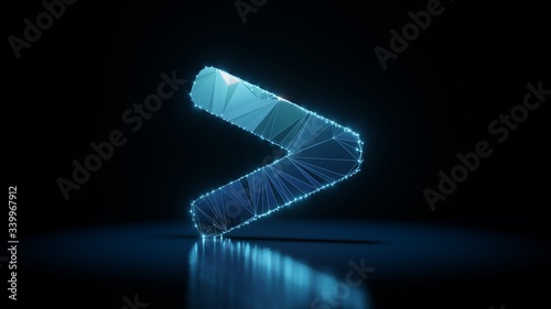 3d rendering wireframe neon glowing symbol of greater than on black background with reflection photo