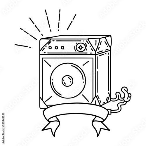 banner with black line work tattoo style guitar amplifier