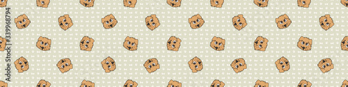 Hand drawn cute rough collie puppy face breed seamless border pattern. Purebred pedigree domestic dog background. Dog lover fluffy pet washi ribbon. Kennel pooch EPS 10. 