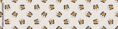 Hand drawn cute rough collie dog face breed seamless border pattern. Purebred pedigree domestic dog background. Dog lover fluffy pet washi ribbon. Kennel pooch EPS 10. 