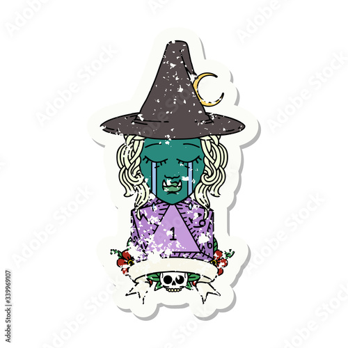 crying half orc witch character with natural one roll illustration