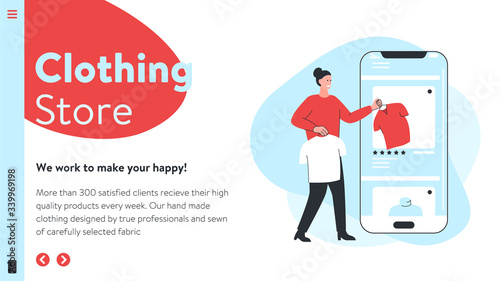 Vector image of an online store website interface with concept illustration of a woman taking clothes from mobile app. It represents a concept of online shopping, website design or modern landing page