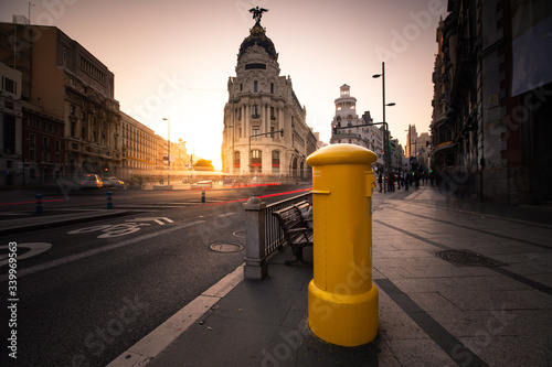 Postbox at Gran Via, main street of Madrid, Spain.