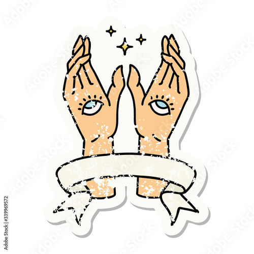 grunge sticker with banner of mystic hands