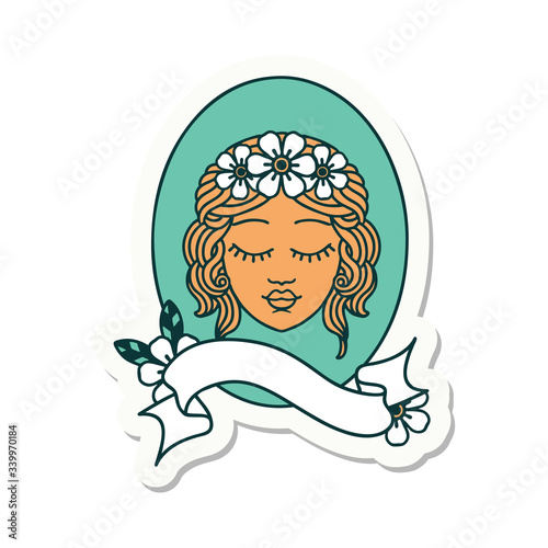 tattoo sticker with banner of a maiden with eyes closed