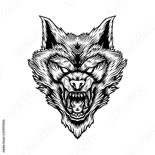detailed angry wolf head illustration