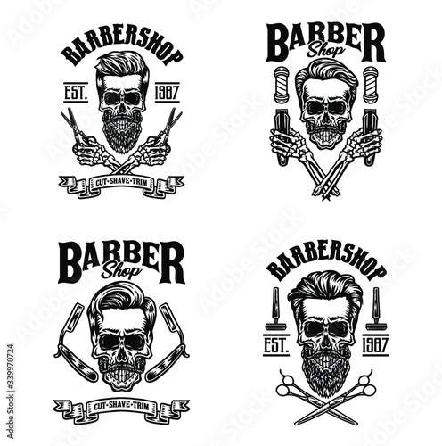 Set of vintage barber skull, isolated on white background