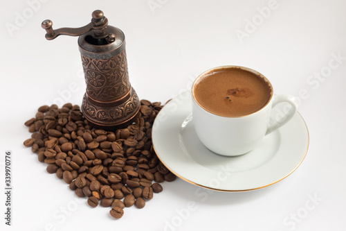 Turkish coffee. Coffee mill with roasted coffee beans