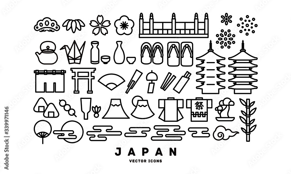A set of various icons with a Japanese motif