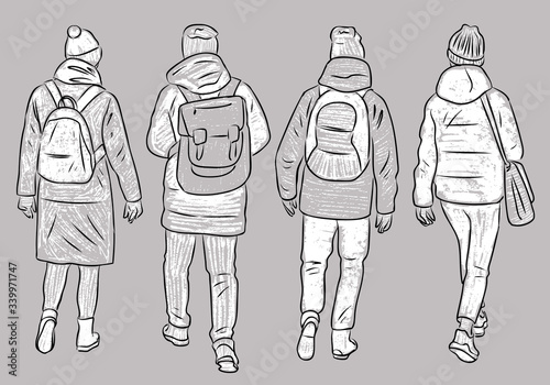 Vector illustration of sketches teens students walking outdoors