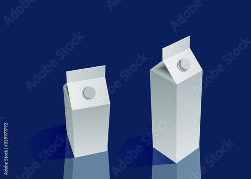 vector bottle, milk cardboard packaging, mock up ,paper box, isometric 3d rendering, with shadow and reflection, isolated on blue background,