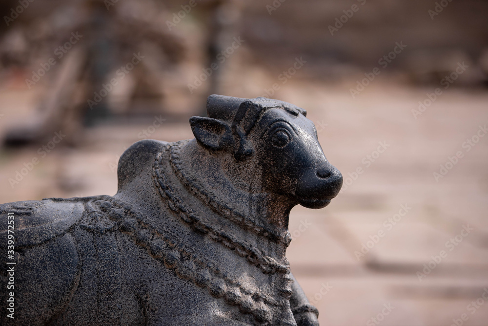 Cow Statue in a Temple in Hampi, India 