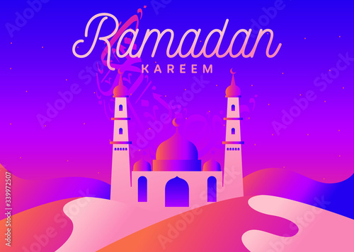Ramadan Kareem Greetings Card. Calligraphic Typography Design. Mosque in a Dessert and City in the background Colorful Scene. Vector EPS