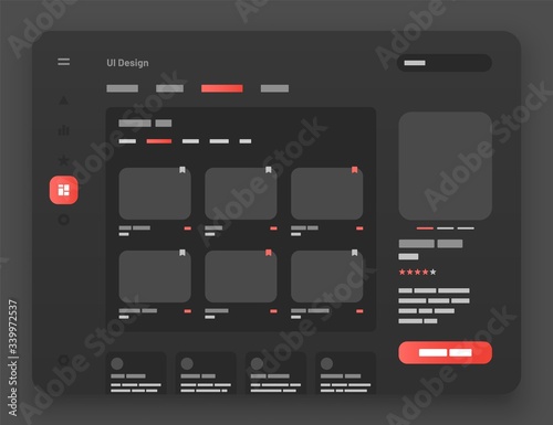 Concept for social media, online store, hotel reservation. Wireframes screens. Dashboard UI and UX Kit design. Use for mobile app or website. Dark mode.