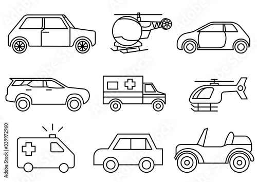 Solid icons set, transportation. Car side view. Helicopter, emergency ambulance. vector illustrations.
