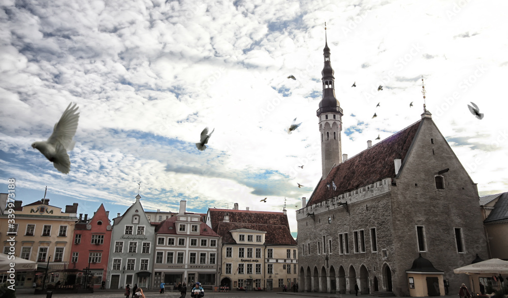 Tallinn old town view in Town Hall Square (Raekoja Plats). The beautiful capital city of Estonia in summer.