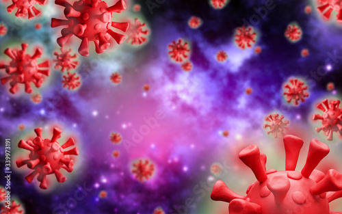 Coronavirus COVID-19 under the microscope. Group of Dangerous 2019-nCov virus, pandemic risk background. 3D illustration.