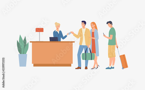 The lobby with the tourists in the queue. Vector modern illustration.